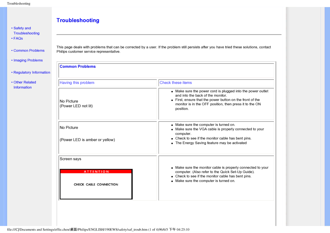 Philips HWC7190A, 190EW8CB/93 user manual Troubleshooting, Common Problems 