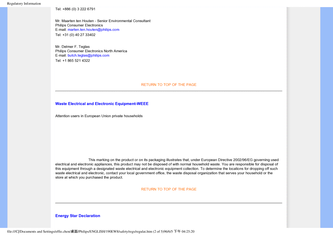 Philips 190EW8CB/93, HWC7190A user manual Waste Electrical and Electronic Equipment-WEEE, Energy Star Declaration 