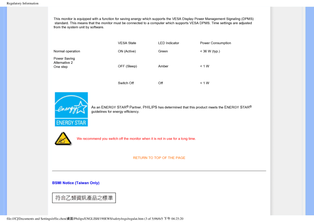 Philips HWC7190A, 190EW8CB/93 user manual Bsmi Notice Taiwan Only 