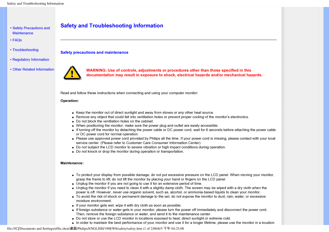 Philips HWC7190A Safety and Troubleshooting Information, Safety precautions and maintenance, Operation, Maintenance 