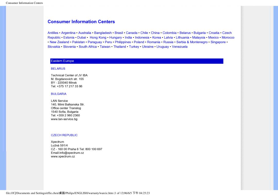 Philips 190EW8CB/93, HWC7190A user manual Consumer Information Centers, Belarus, Bulgaria, Czech Republic 