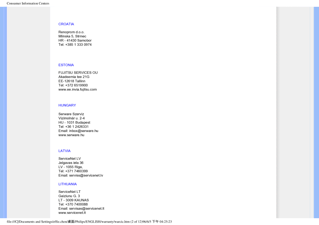 Philips 190EW8CB/93, HWC7190A user manual Croatia, Estonia, Hungary, Latvia, Lithuania 