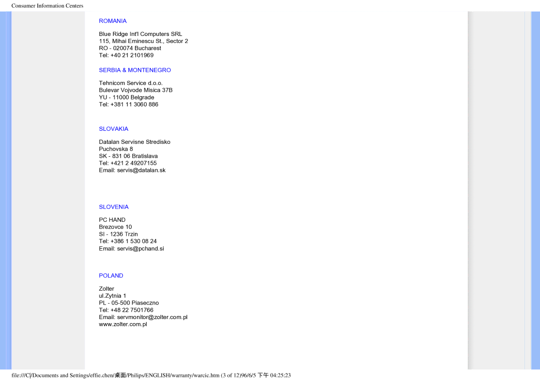 Philips HWC7190A, 190EW8CB/93 user manual Romania, Serbia & Montenegro, Slovakia, Slovenia, Poland 