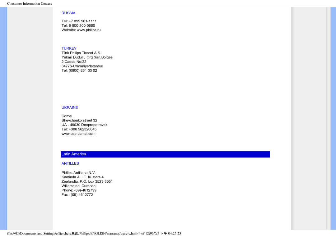 Philips 190EW8CB/93, HWC7190A user manual Russia, Turkey, Ukraine, Antilles 