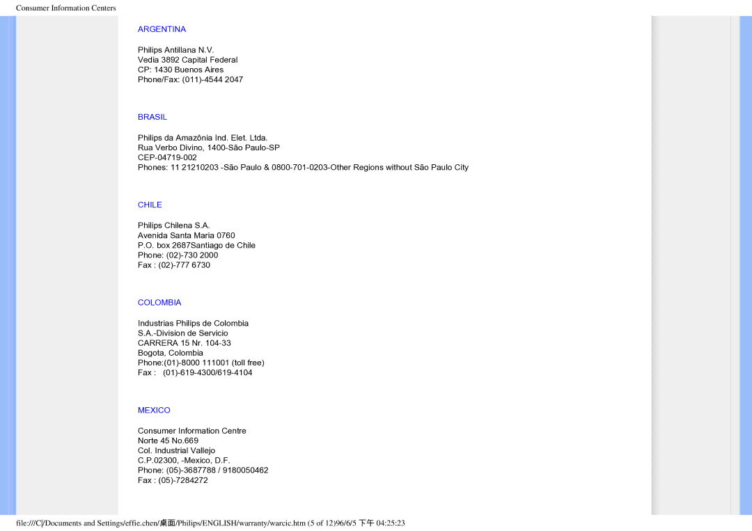 Philips 190EW8CB/93, HWC7190A user manual Argentina, Brasil, Chile, Colombia, Mexico 