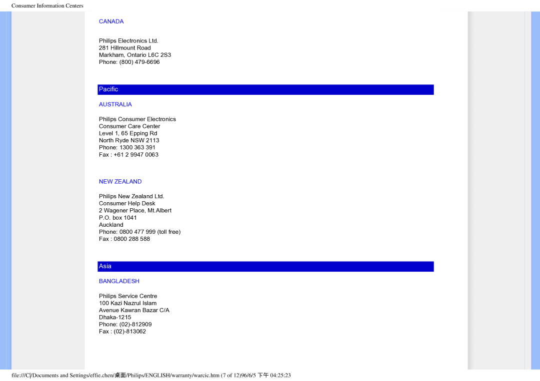 Philips 190EW8CB/93, HWC7190A user manual Canada, Australia, NEW Zealand, Bangladesh 