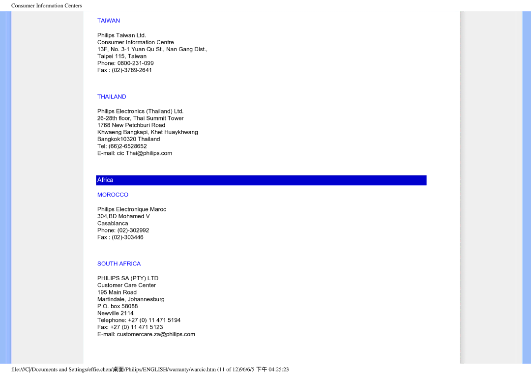 Philips 190EW8CB/93, HWC7190A user manual Taiwan, Thailand, Morocco, South Africa 