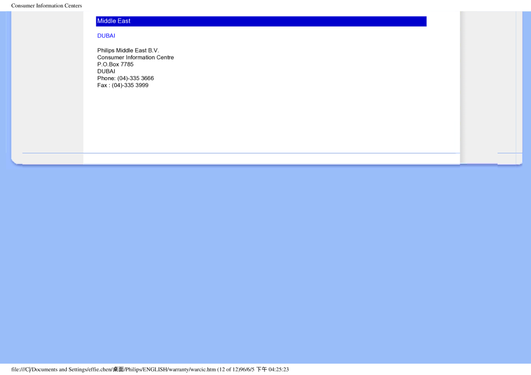 Philips HWC7190A, 190EW8CB/93 user manual Middle East, Dubai 