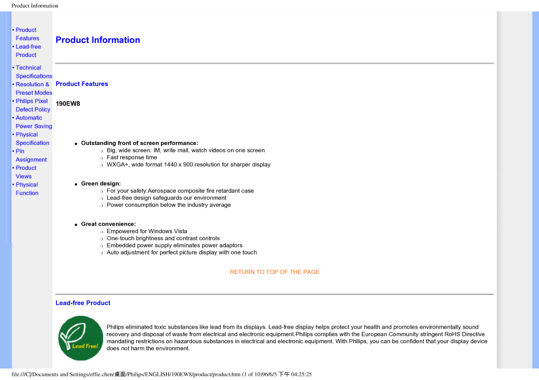 Philips 190EW8CB/93, HWC7190A user manual Product Information, Product Features, Lead-free Product 