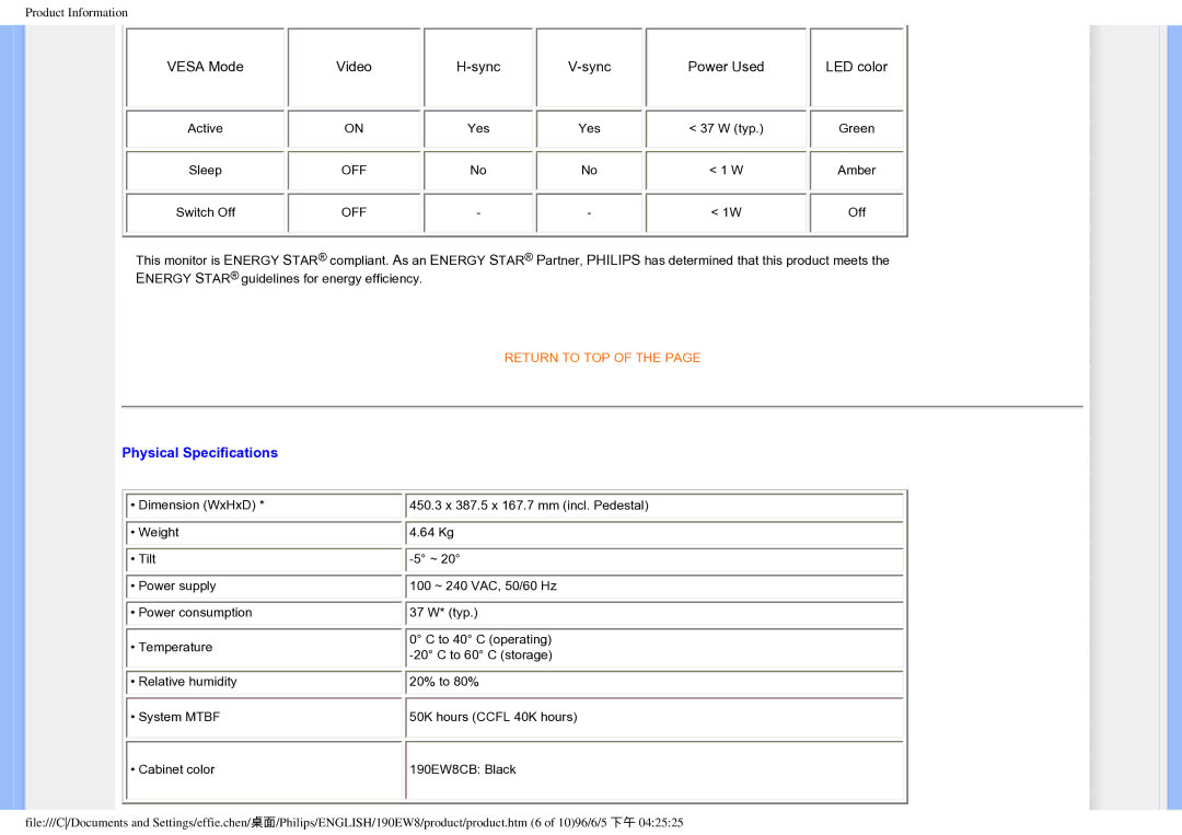 Philips 190EW8CB/93, HWC7190A user manual Vesa Mode Video Sync Power Used LED color, Physical Specifications 