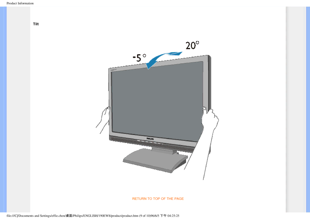 Philips 190EW8CB/93, HWC7190A user manual Tilt 