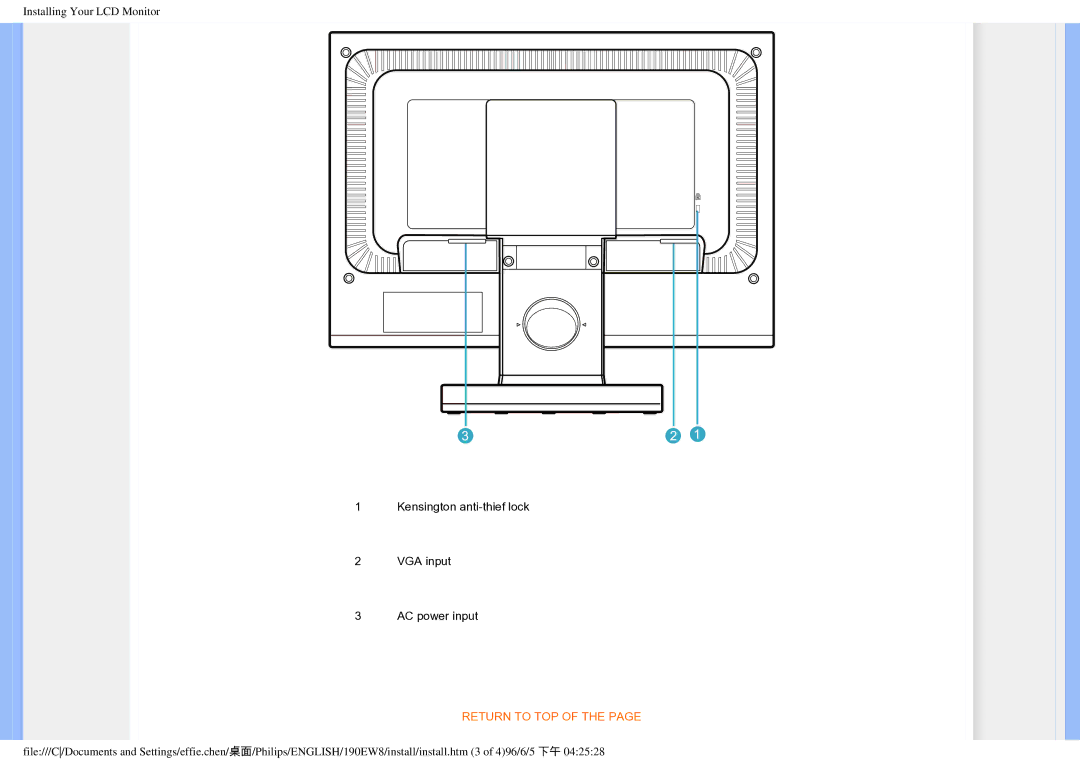 Philips HWC7190A, 190EW8CB/93 user manual Kensington anti-thief lock VGA input AC power input 