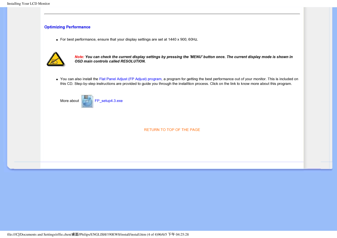 Philips 190EW8CB/93, HWC7190A user manual Optimizing Performance 