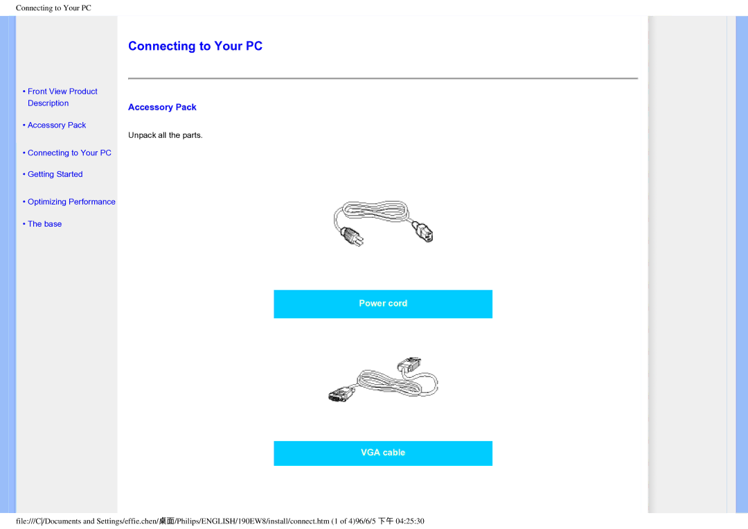 Philips 190EW8CB/93, HWC7190A user manual Connecting to Your PC, Accessory Pack 