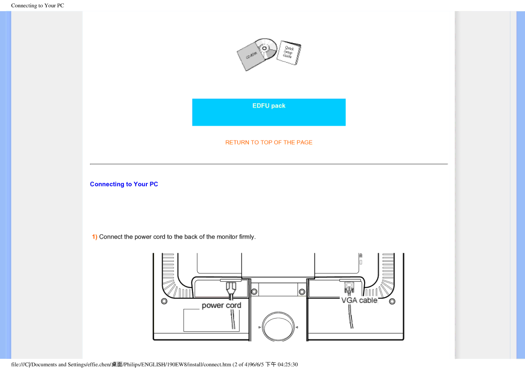 Philips HWC7190A, 190EW8CB/93 user manual Edfu pack, Connecting to Your PC 