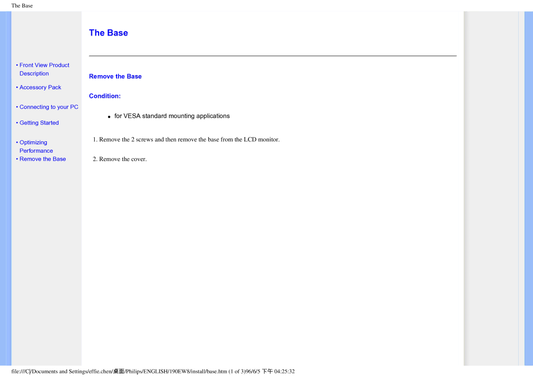 Philips HWC7190A, 190EW8CB/93 user manual Remove the Base Condition 