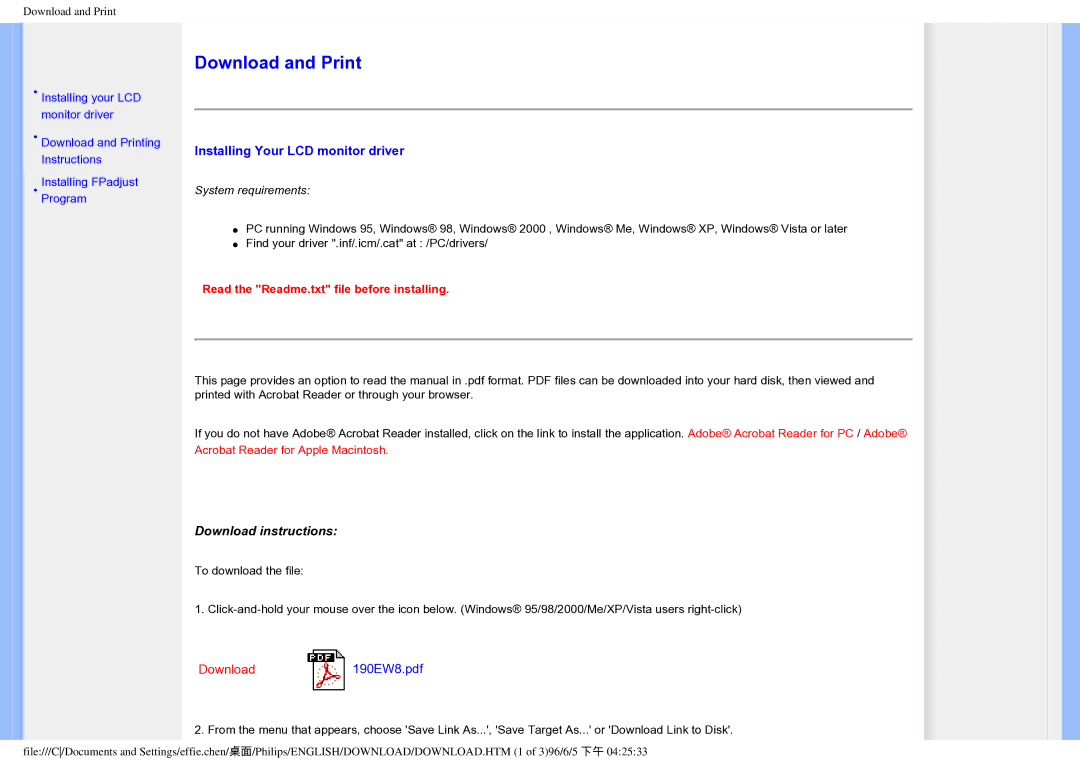 Philips HWC7190A, 190EW8CB/93 user manual Download and Print, Installing Your LCD monitor driver, Download instructions 