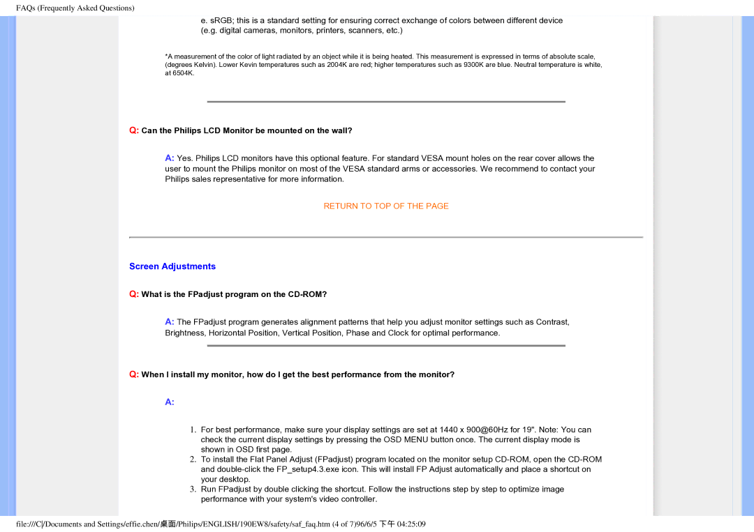 Philips 190EW8CB/93, HWC7190A user manual Screen Adjustments, Can the Philips LCD Monitor be mounted on the wall? 