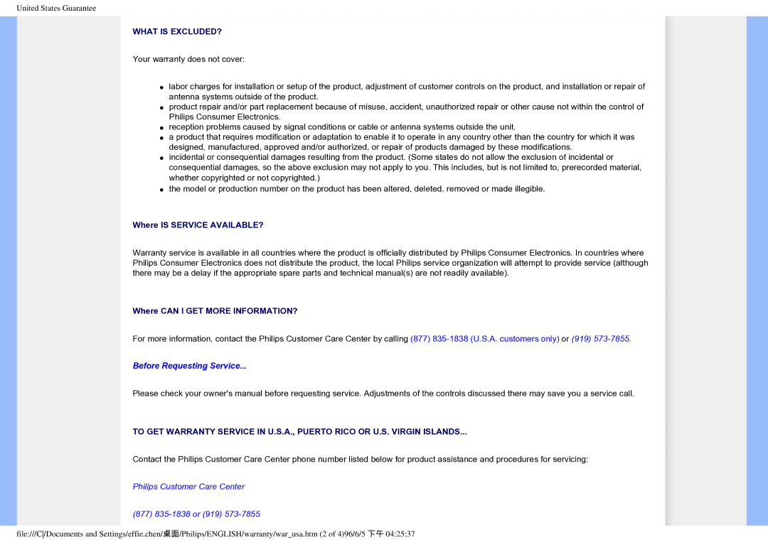 Philips 190EW8CB/93, HWC7190A user manual Before Requesting Service 