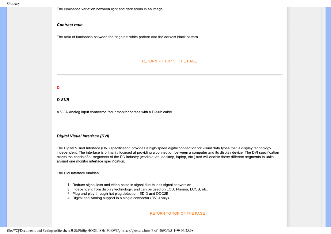 Philips HWC7190A, 190EW8CB/93 user manual Contrast ratio, Digital Visual Interface DVI 