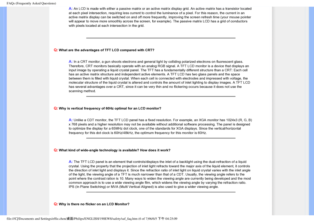 Philips 190EW8CB/93 What are the advantages of TFT LCD compared with CRT?, Why is there no flicker on an LCD Monitor? 