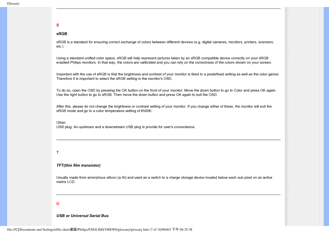 Philips 190EW8CB/93, HWC7190A user manual TFTthin film transistor, USB or Universal Serial Bus 