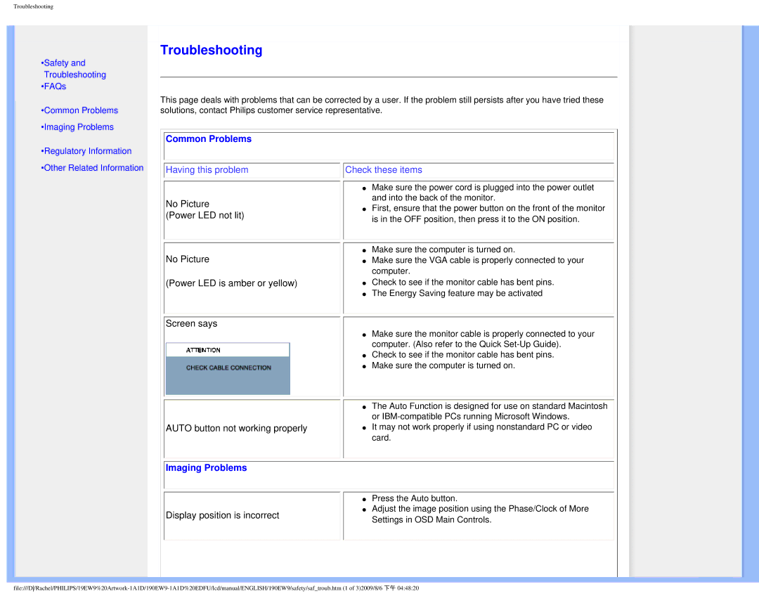 Philips 190EW9 user manual Common Problems, Imaging Problems 