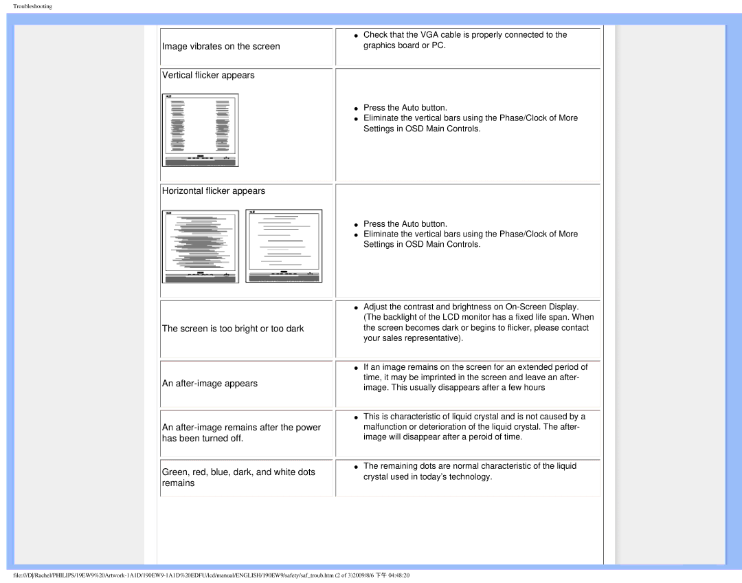 Philips 190EW9 user manual Image vibrates on the screen 