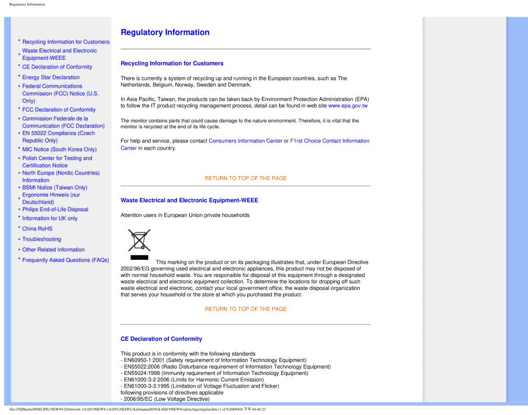 Philips 190EW9 user manual Regulatory Information 