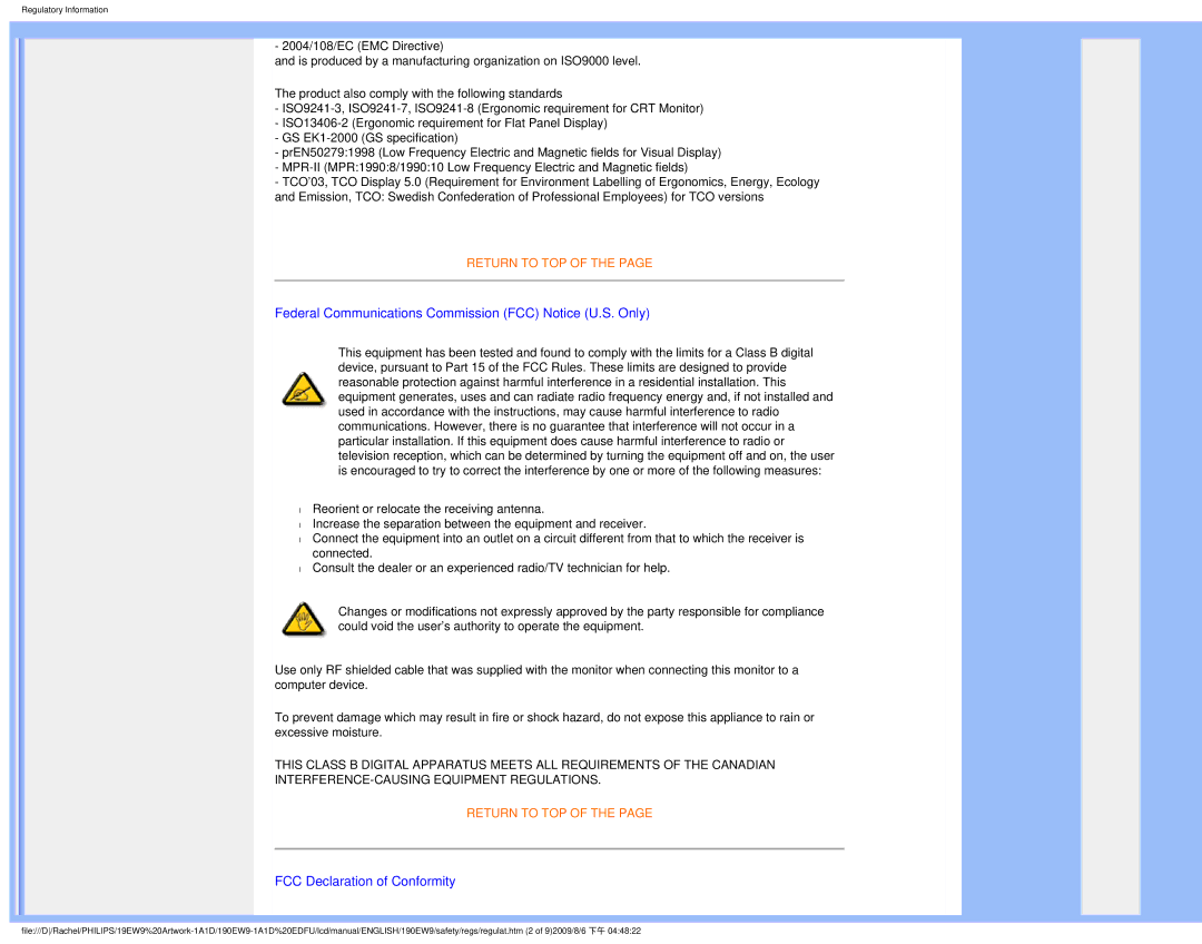 Philips 190EW9 user manual Federal Communications Commission FCC Notice U.S. Only 