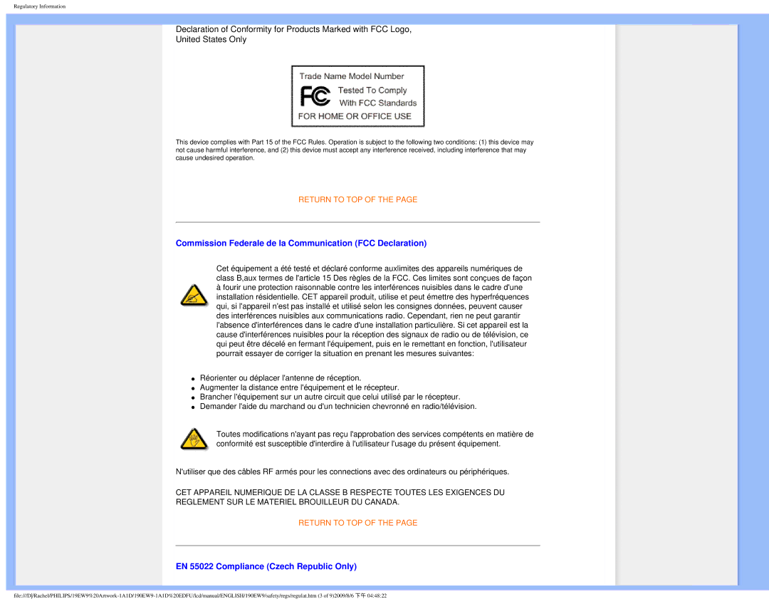 Philips 190EW9 user manual Commission Federale de la Communication FCC Declaration 