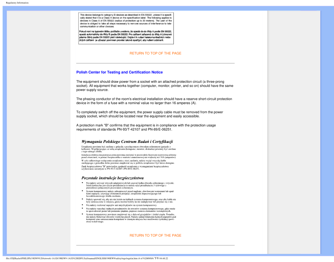 Philips 190EW9 user manual Polish Center for Testing and Certification Notice 