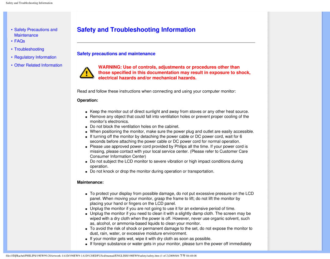 Philips 190EW9 Safety and Troubleshooting Information, Safety precautions and maintenance, Operation, Maintenance 