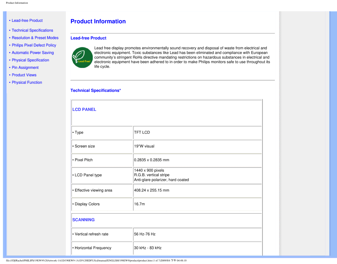 Philips 190EW9 user manual Lead-free Product, Technical Specifications 