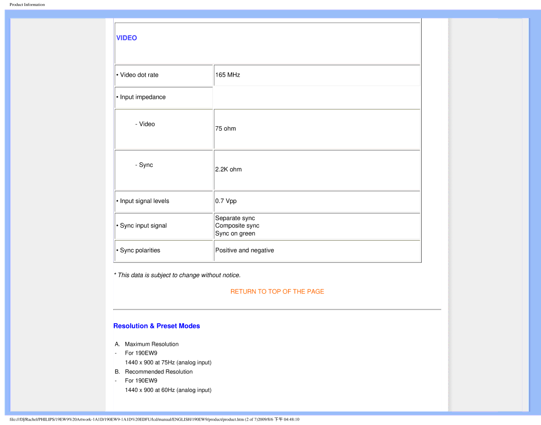 Philips 190EW9 user manual Video, Resolution & Preset Modes 