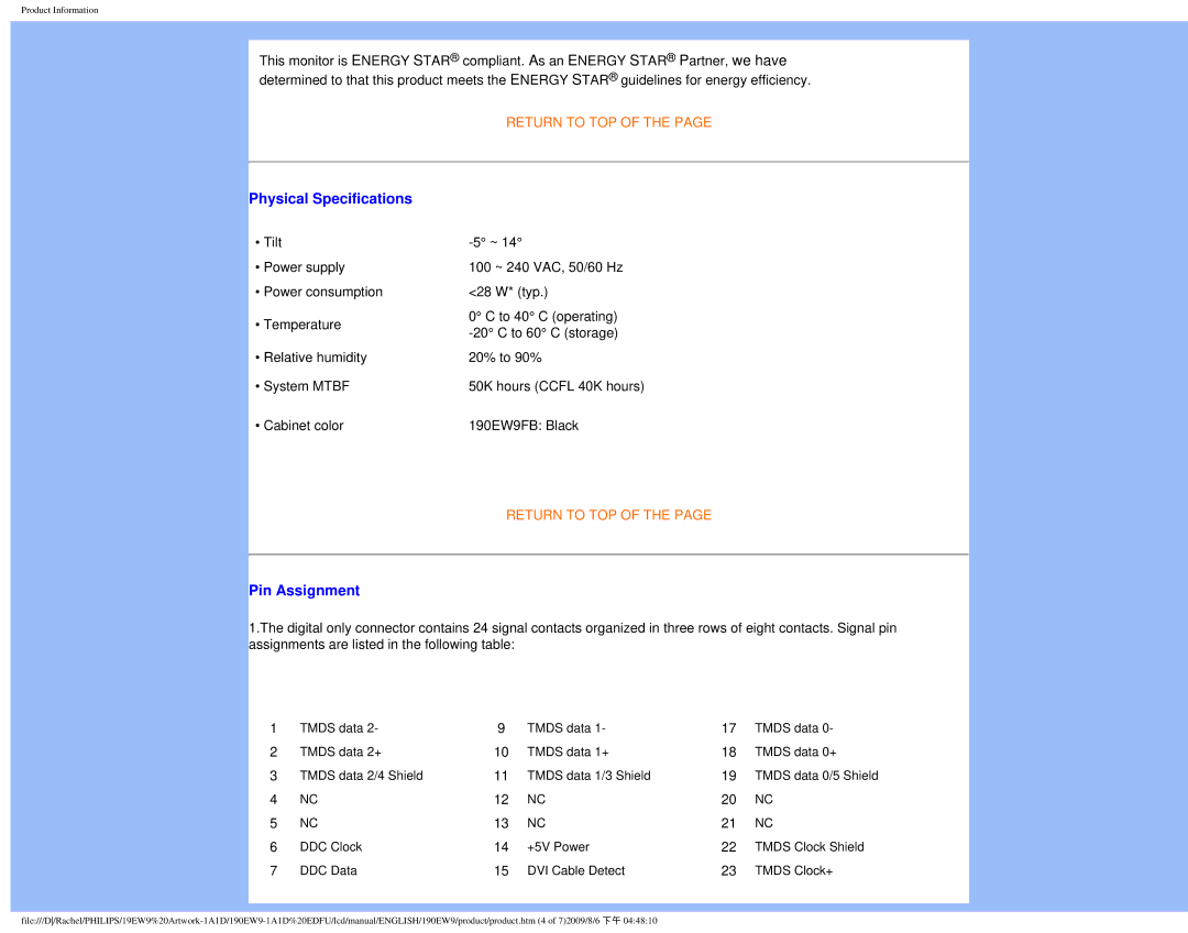 Philips 190EW9 user manual Physical Specifications, Pin Assignment 