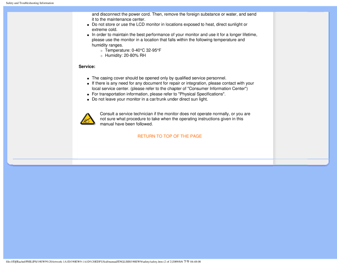 Philips 190EW9 user manual Service, Return to TOP 