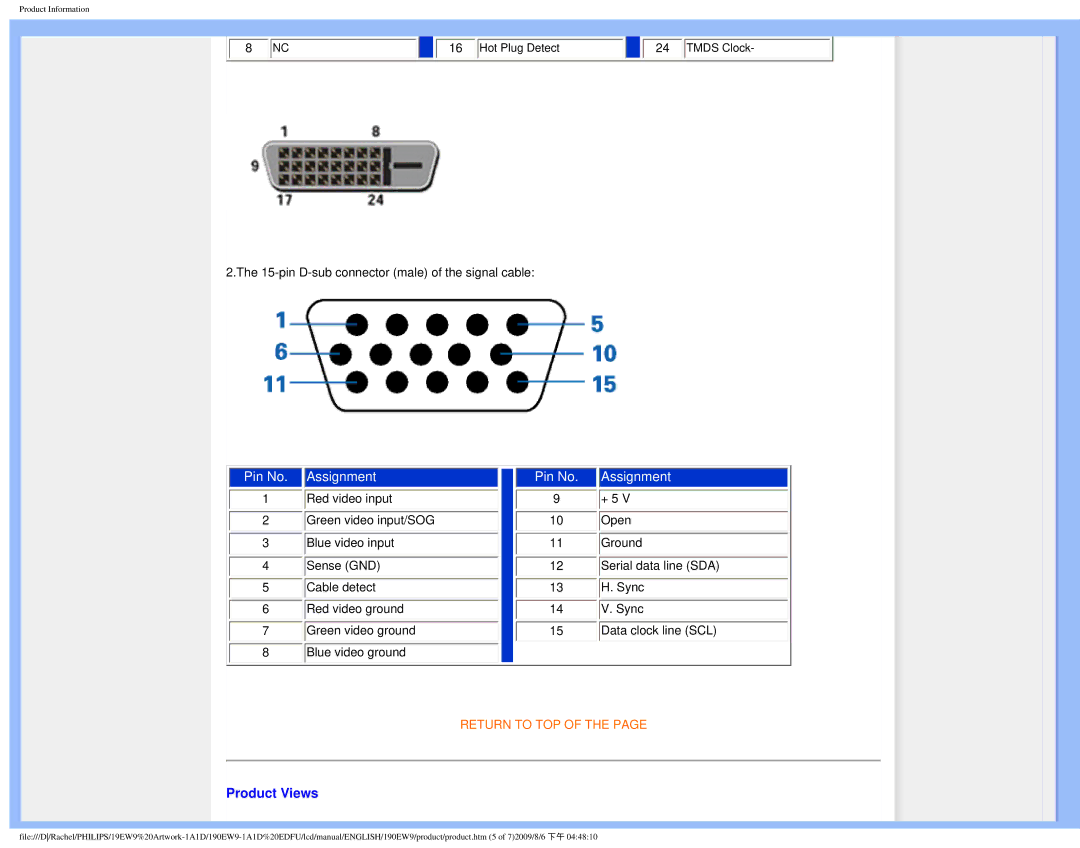 Philips 190EW9 user manual Pin No Assignment, Product Views 