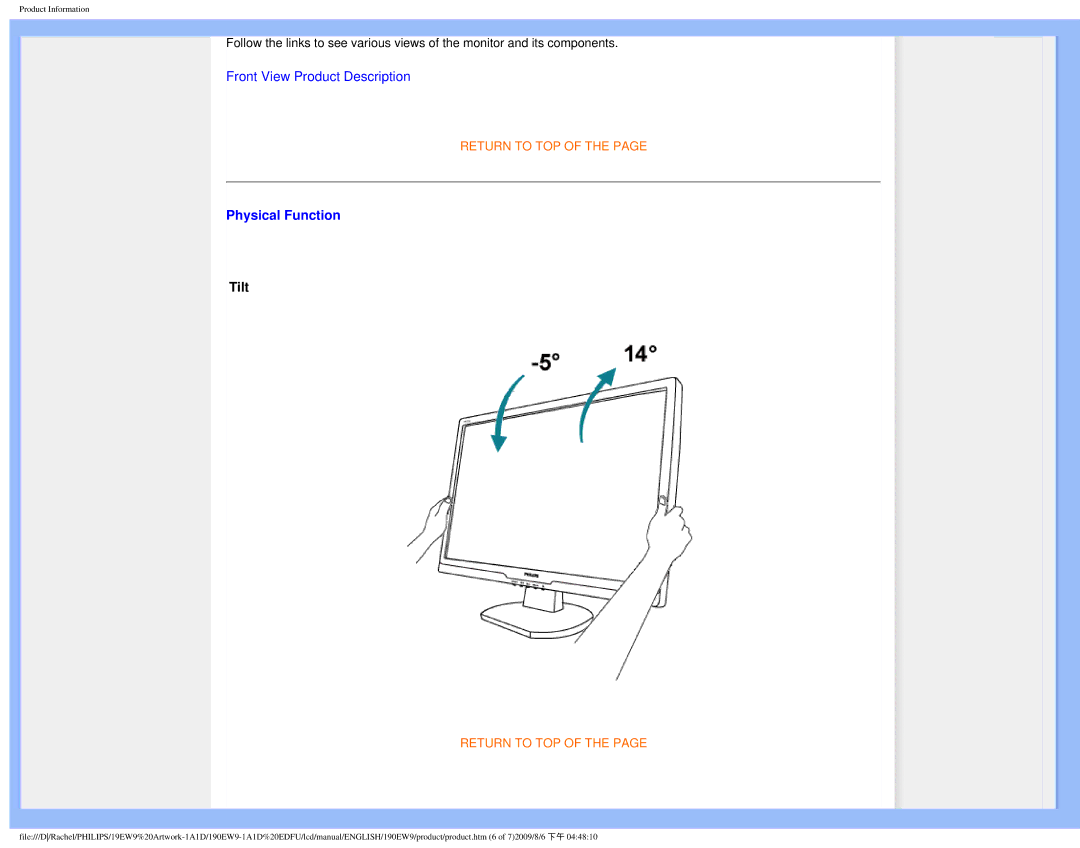 Philips 190EW9 user manual Physical Function, Tilt 