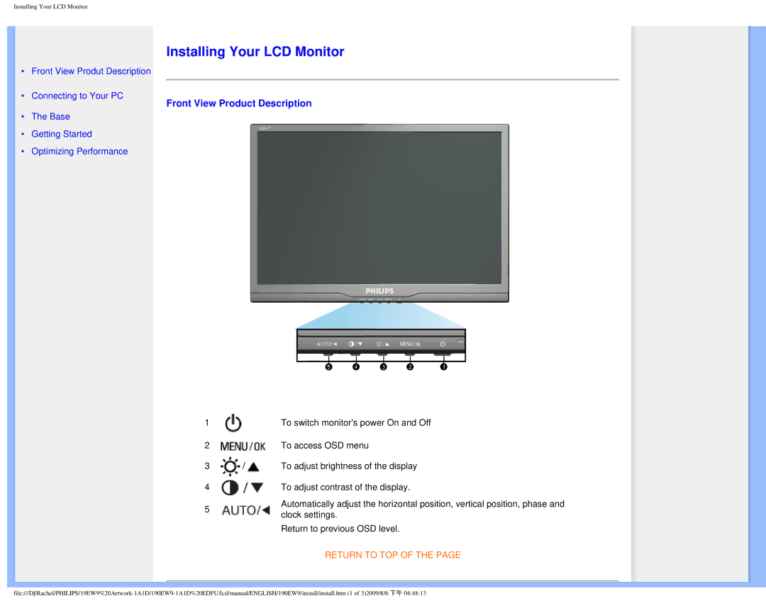 Philips 190EW9 user manual Installing Your LCD Monitor, Front View Product Description 