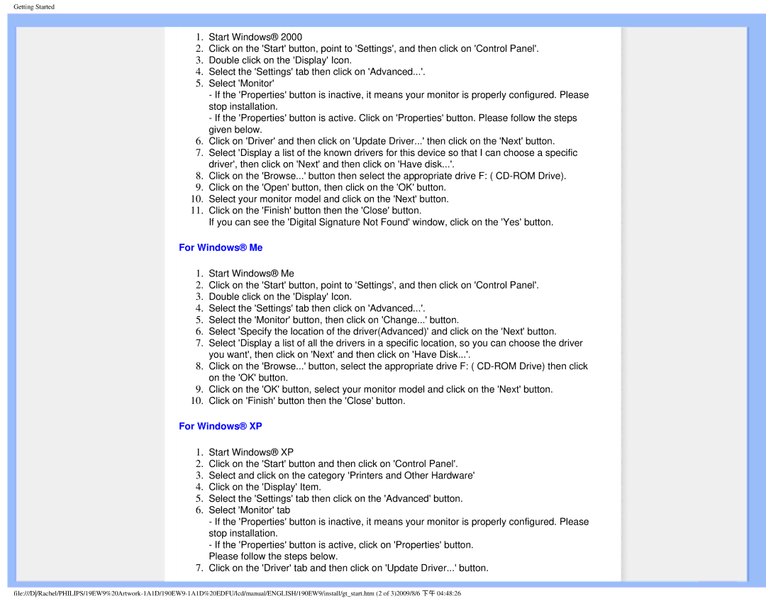 Philips 190EW9 user manual For Windows Me, For Windows XP 