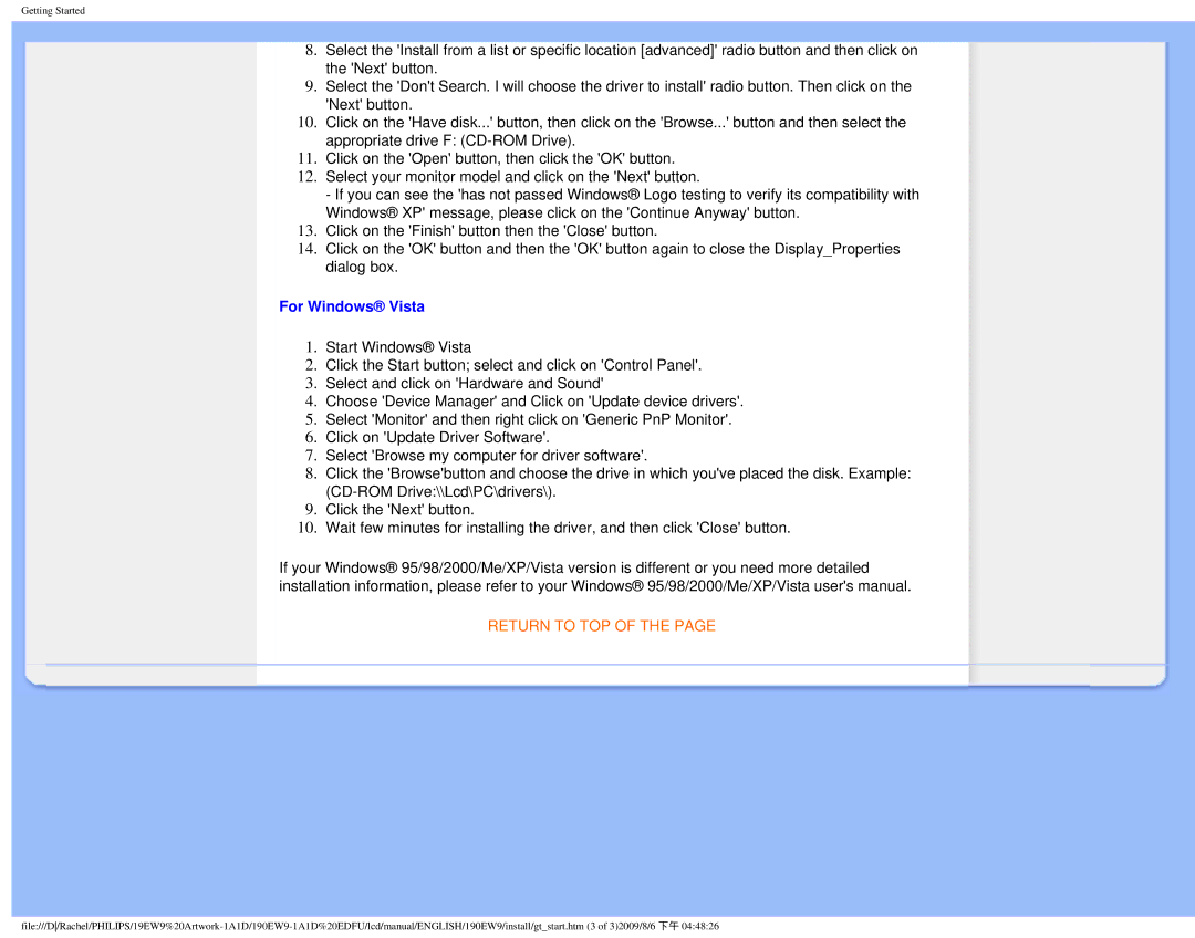 Philips 190EW9 user manual For Windows Vista 
