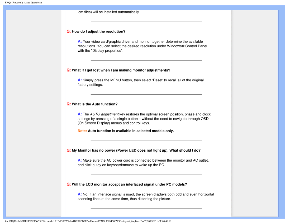 Philips 190EW9 user manual How do I adjust the resolution?, What if I get lost when I am making monitor adjustments? 