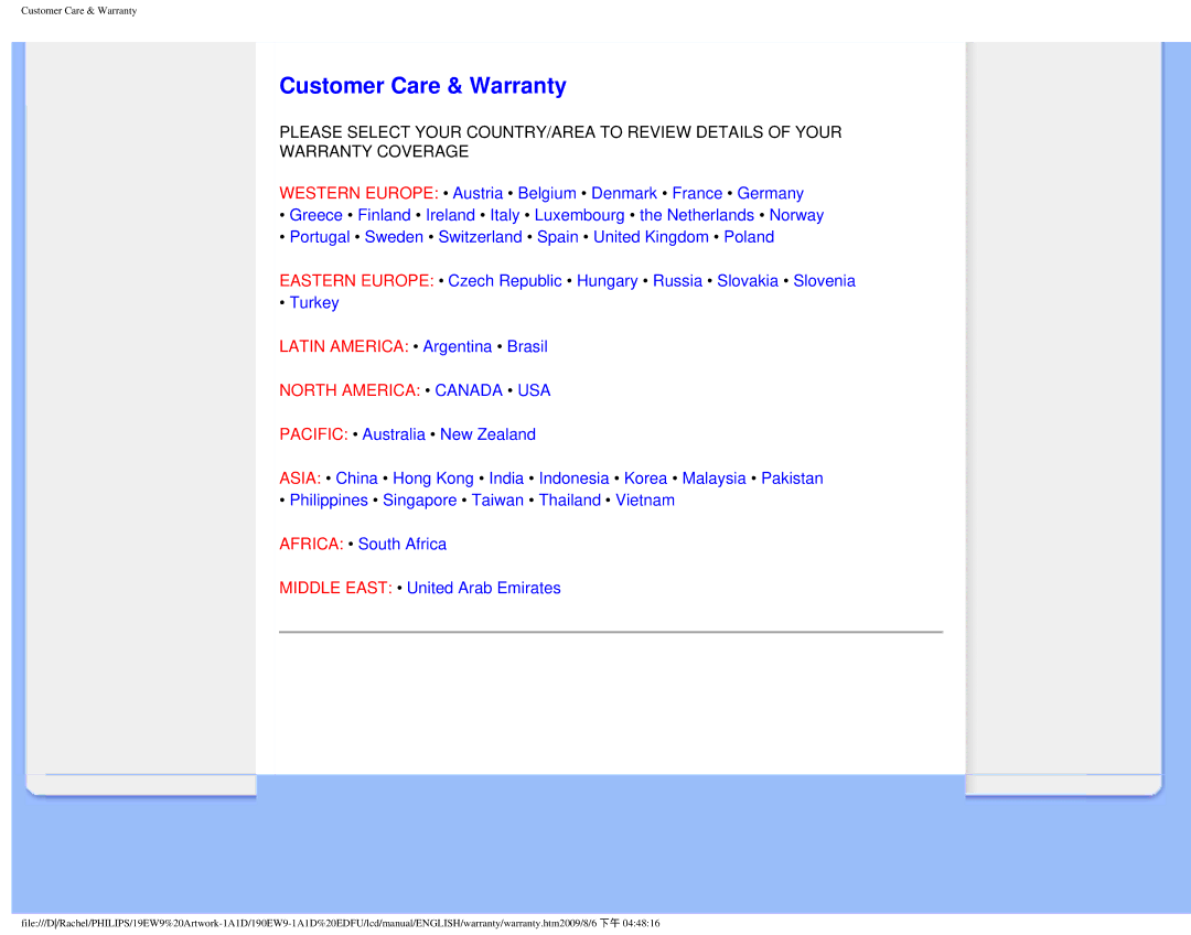 Philips 190EW9 user manual Customer Care & Warranty, North America Canada USA 