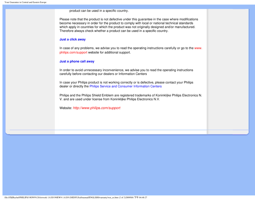 Philips 190EW9 user manual Just a click away Just a phone call away 