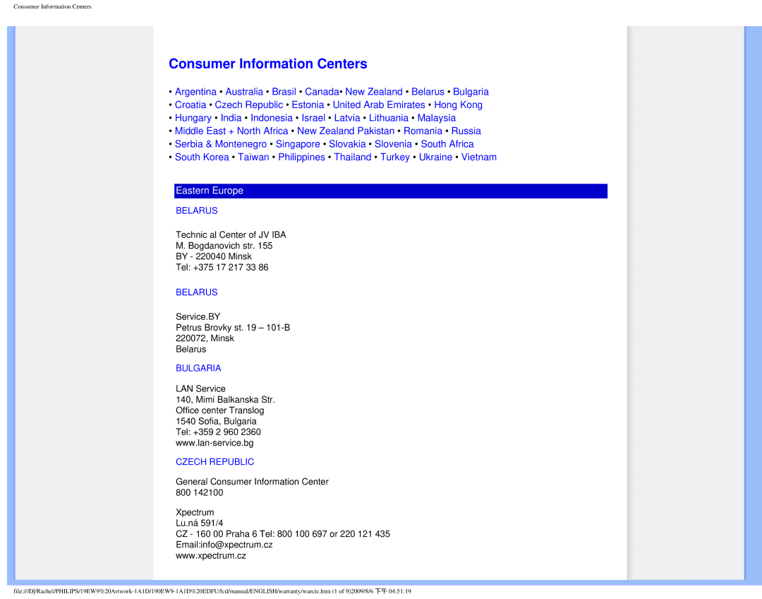 Philips 190EW9 user manual Consumer Information Centers 