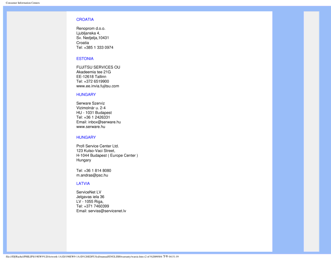 Philips 190EW9 user manual Croatia 