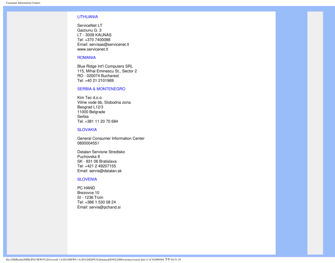 Philips 190EW9 user manual Lithuania 