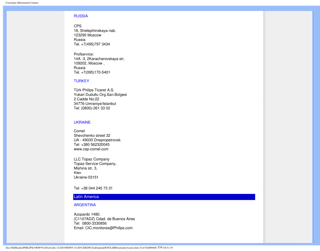 Philips 190EW9 user manual Latin America 