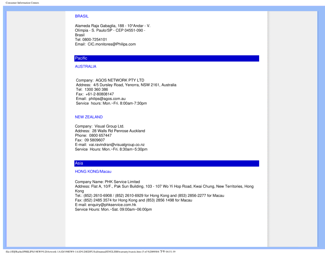 Philips 190EW9 user manual Pacific 